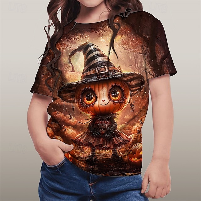  Flickor 3D Tecknat Pumpa T-shirt Kortärmad Sommar Vår Mode Grundläggande Barn 4-12 år Rund hals Utomhus Ledigt Dagligen Normal