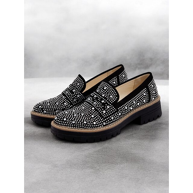 Women's Black Loafers with Rhinestone Embellishments and Chunky Sole