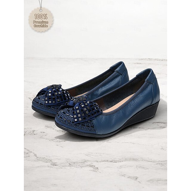 Women's Leather Wedge Flats with Decorative Bow and Embellished Toe
