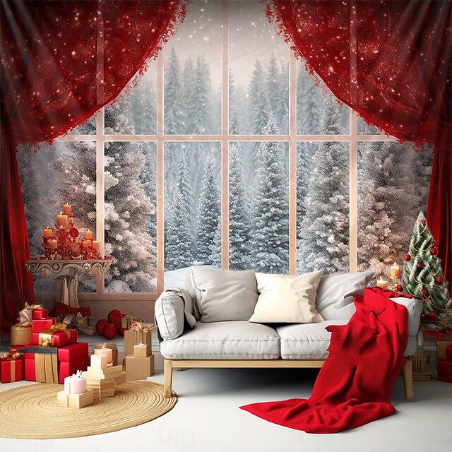 Christmas Decorations Hanging Tapestry Wall Art Xmas Red Curtain Large Tapestry Mural Decor Photograph Backdrop Blanket Curtain Home Bedroom Living Room Window View 13