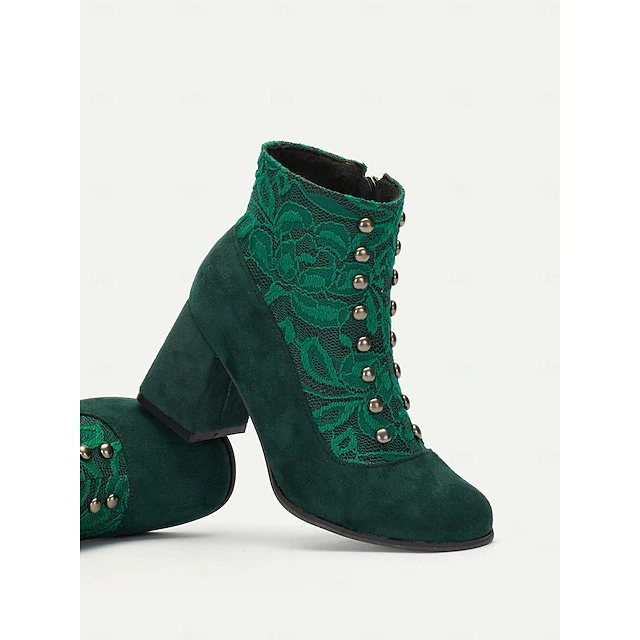 Women's Green Faux Suede Ankle Boots with Snap-Button, Lace Overlay and Side Zipper – Vintage-Inspired Design with Block Heel, Perfect for Elegant Outfits and Special Occasions 12