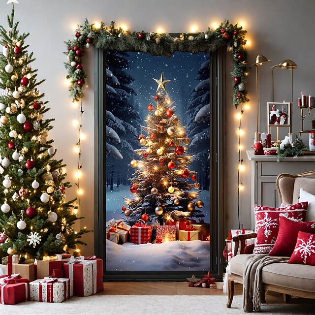 Christmas Door Decorations Door Covers Xmas Tree Gifts Door Tapestry Door Curtain Decoration Backdrop Door Banner for Front Door Farmhouse Holiday Party Decor Supplies Indoor/Outdoor 18
