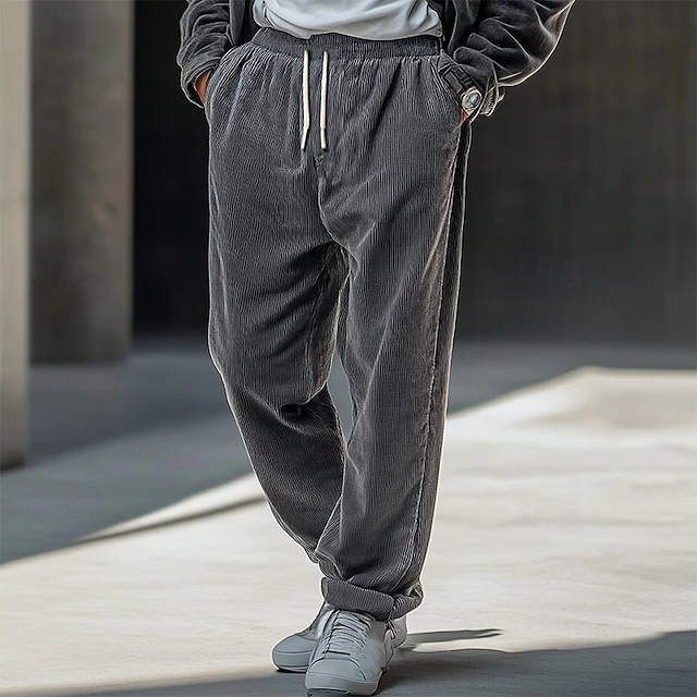 Men's Dress Pants Corduroy Pants Trousers Casual Pants Drawstring Elastic Waist Straight Leg Plain Comfort Warm Full Length Outdoor Casual Daily Fashion Streetwear Black Khaki 6