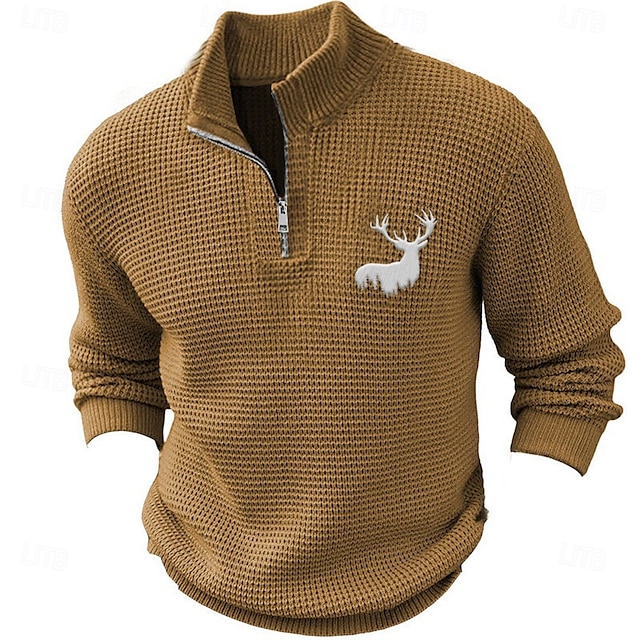 Christmas Men's Reindeer Deer Pullover Sweater Jumper Zip Sweater Polo Sweater Zip Collar Retro Vintage Casual Party Evening Wear Daily New Years Eve Sweater Embroidered Knitting Warm Long Sleeve 8