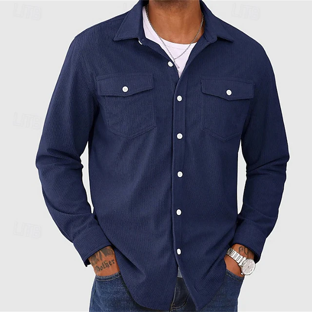 Men's Shirt Jacket Transition Jacket Daily Lightweight Pocket Spring Plain Classic Lapel Regular Black Navy Blue Beige Jacket4