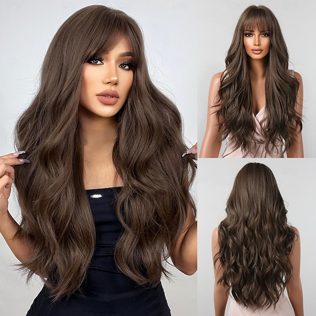  perruque longue avec frange perruques ondulées pour femmes perruque de cheveux synthétiques pour une utilisation quotidienne en soirée