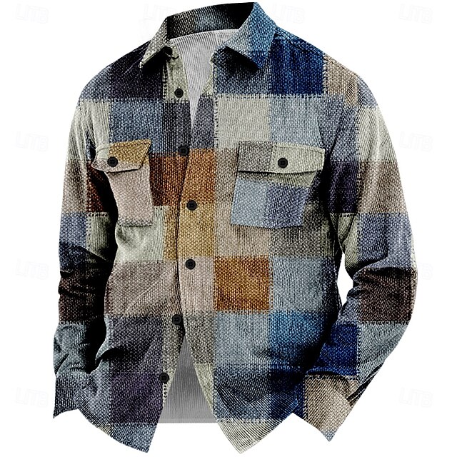  Men's Plaid Geometric Pattern Corduroy Shirt Shirt Jacket Overshirt Long Sleeve Vintage Casual Formal Dailywear Fall & Winter Turndown Collared Shirts Buttons 3D Print 2 Pockets 1pc Light Blue Navy
