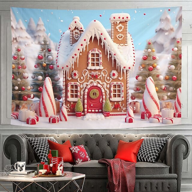 Christmas Decorations Hanging Tapestry Wall Art Xmas Gingerbread Candy Cane Large Tapestry Mural Decor Photograph Backdrop Blanket Curtain Home Bedroom Living Room 13
