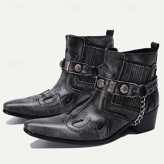  Men's Black Premium Cowhide Leather Motorcycle Boots with Western Style, Metal Studded Strap, and Chain Accent – Perfect for Biker and Cowboy-Inspired Fashion