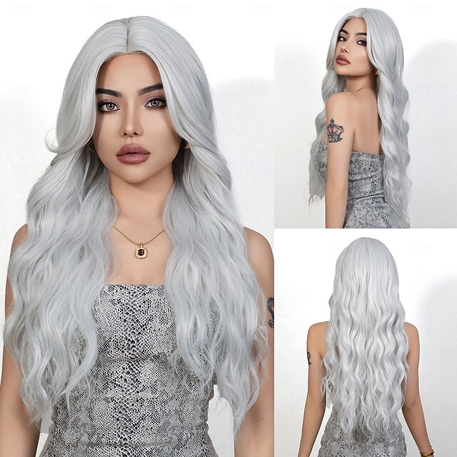  Parrucche sintetiche Uniformi Costumi di carriera Da principessa Riccio Ondulato Parte di mezzo Taglio scalato A macchina Parrucca 26 pollici Argento Capelli sintetici Per donna Cosplay Feste Di