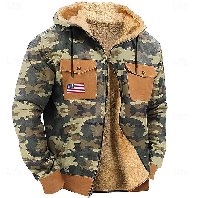 Men's Camo Camouflage American US Flag Fleece Hoodie Hoodies Fashion Cool Long Sleeve Hooded Hunting Streetwear Blue Green Zipper Pocket Fall Winter Designer 6