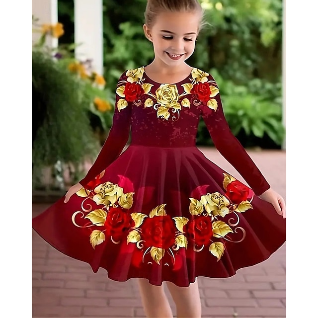  Easter Girls' 3D Rose Graphic Dress Long Sleeve Summer Spring Vacation Daily Holiday Princess Beautiful Sweet Kids 4-12 Years Casual Dress A Line Dress Knee-length Regular Fit