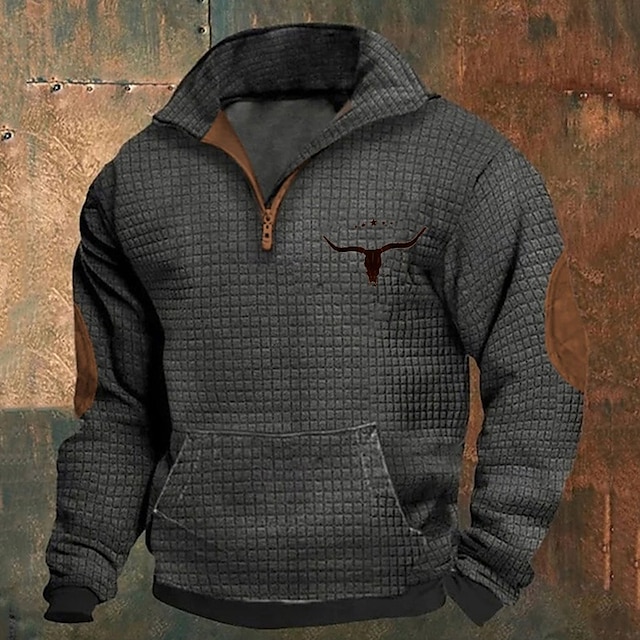 Men's Waffle Sweatshirt Sweatshirt Quarter Zip Sweatshirt Black White Navy Blue Khaki Dark Gray Half Zip Graphic Cow Print Patchwork Front Pocket Quarter Zip Daily Holiday Going out Polyester