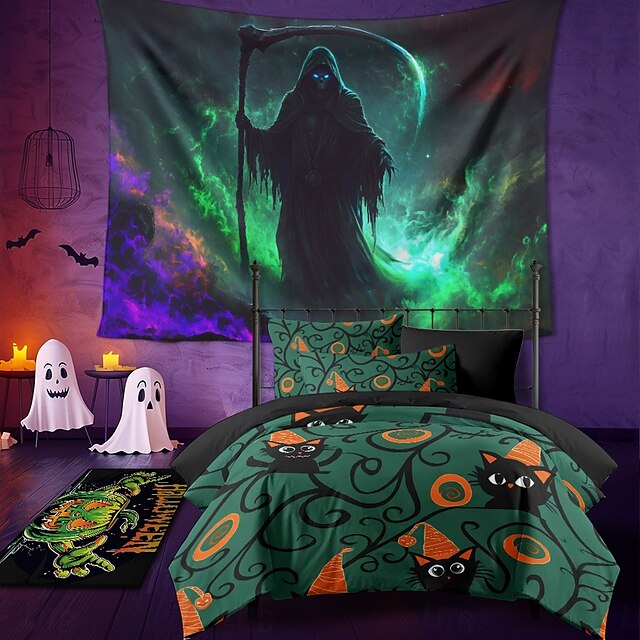  Halloween Decorations Blacklight Tapestry UV Reactive Glow in the Dark Glow Party Haunted House Psychedelic Trippy Misty Hanging Tapestry Wall Art Mural for Living Room Bedroom Witch Pumpkin