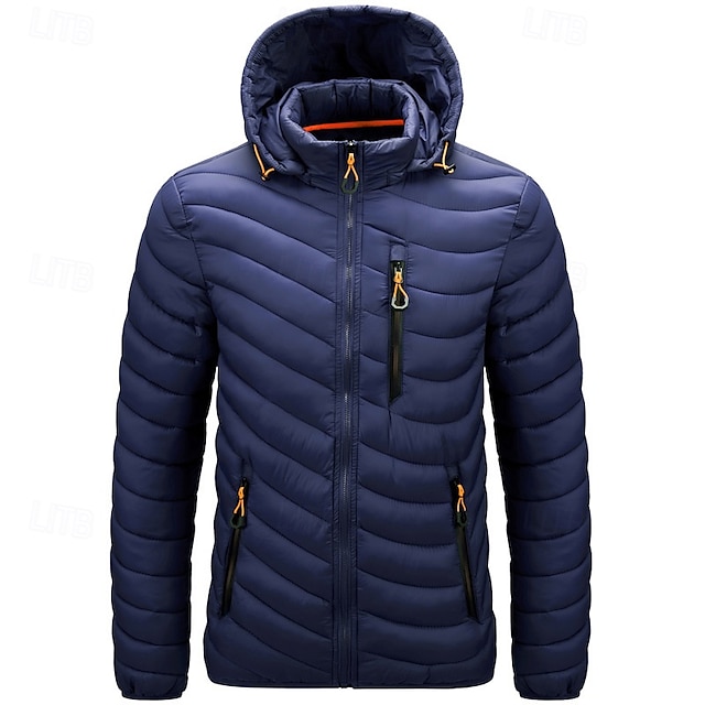  Herr Quiltad jacka Pufferjacka Puffer vinterjacka Vinter Utomhus Isolerad komprimerbart Lättvikt Avtagbar huva Ytterkläder Lätt pufferjacka Puffy Coat Helöppnande blixtlås Fiske Klättring Camping