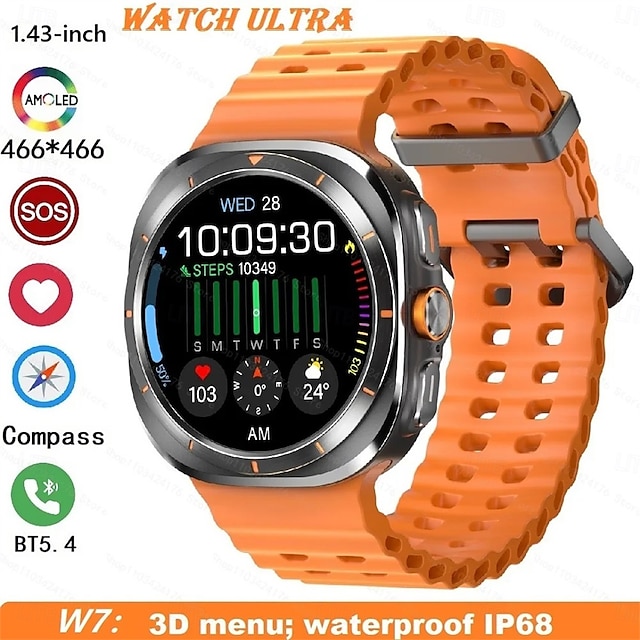  W7 AMOLED Smart Watch Ultra 7 Ai Dail 3D Menu SOS Compass Men Women Bluetooth Call Wireless Charging Sport Smartwatch