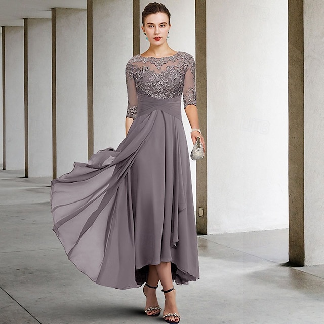  A-Line Moeder van de Bruid Jurk Bruiloft Gast Elegante Plus Size Hoge Lage V Hals Asymmetrische Enkel Lengte Chiffon Kant Halve Mouw Met Beading Applicaties 2025 gratis maatwerk