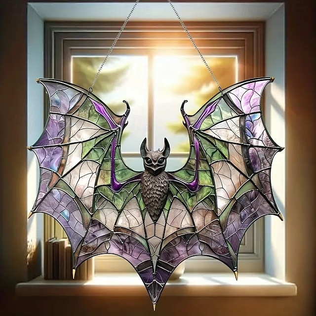  Acrylic Bat Catcher Stained Glass Style Window Hanging Decoration Versatile Halloween Decoration