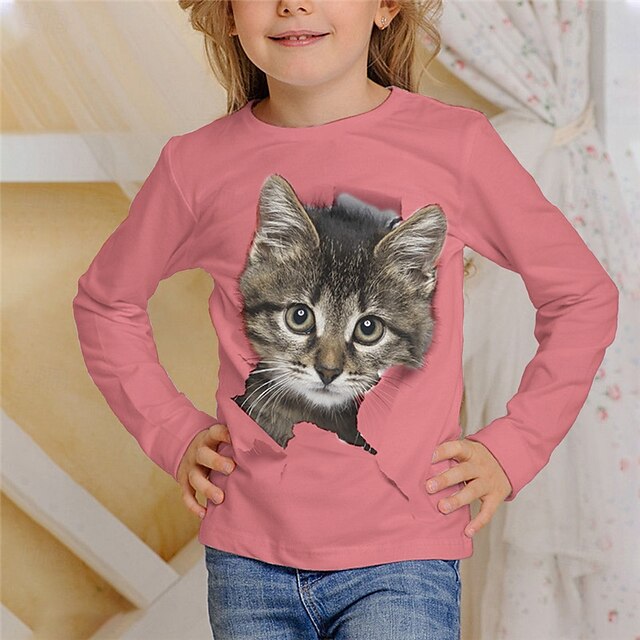  Flickor 3D Grafisk Djur Katt T-shirt Långärmad Vår Höst Mode Grundläggande Barn 4-12 år Rund hals Utomhus Ledigt Dagligen Normal