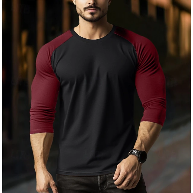 Men's T Shirt Long Sleeve Crew Neck Spring Fall Spring & Fall Solid Color Knitwear Vintage Fashion Crewneck Color Block Outdoor Causal Casual Yellow Red khaki Top Tee for Men 7