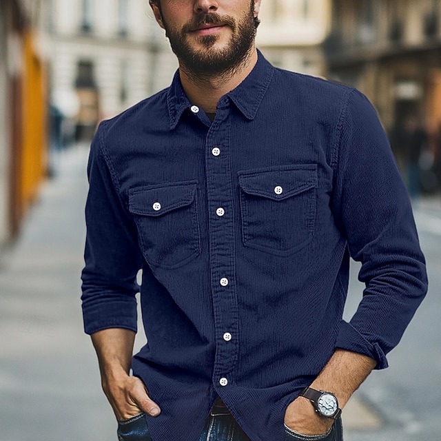  Per uomo Camicia Camicia estiva Camicia con bottoni Camicia di velluto a coste Nero Bianco Blu marino Manica lunga Liscio Collo ripiegabile Informale Giornaliero Bottone giù Abbigliamento Di tendenza
