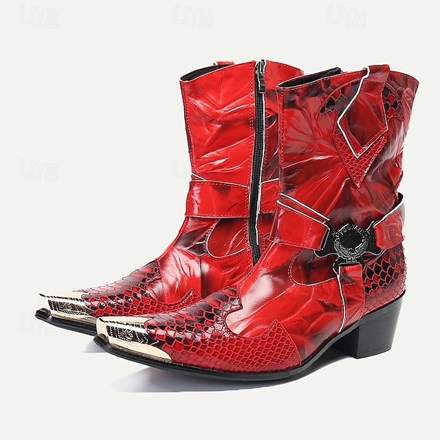  Men's Red Premium Cowhide Motorcycle Boots with Snake Pattern, Metal Toe Cap, and Western Style – Perfect for Riding and Outdoor Adventures