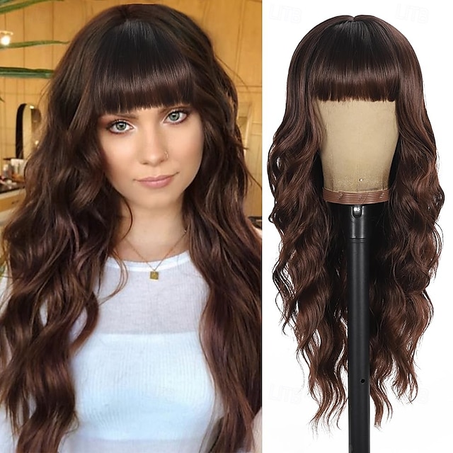  Wig with Bangs Long Wavy Wig for Women Synthetic Curly Wigs Hair Replacement Wigs for Girls Daily Party Use 26 Inches