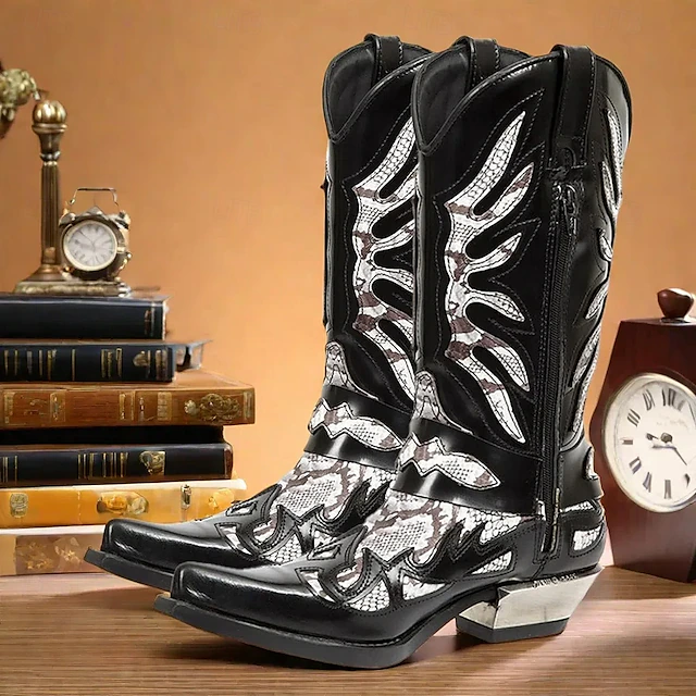 Men's Gothic Cowboy Boots - Black and Silver Snakeskin Faux Leather Western Boots with Flame Cutout Design and Metal Heel for Rock, Biker, and Party Events 8