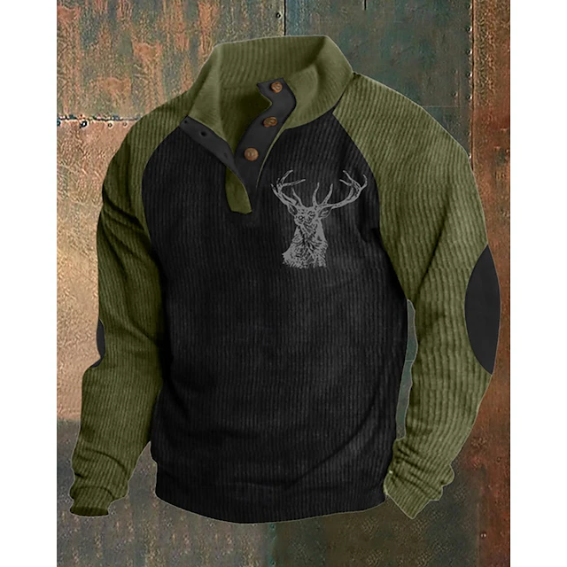 Men's Sweatshirt khaki&black Black Army Green Navy Blue Brown Standing Collar Color Block Reindeer Patchwork Sports & Outdoor Daily Holiday Polyester Corduroy Streetwear Basic Casual Spring & Fall 7