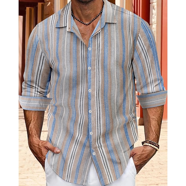  Per uomo Camicia Camicia Estiva Camicia casual Camicia da Spiaggia Camicia con Bottoni Camicie a righe Giallo Marrone chiaro Blu Verde Kaki Manica Lunga A righe Bavero Vacanza Camicia hawaiana