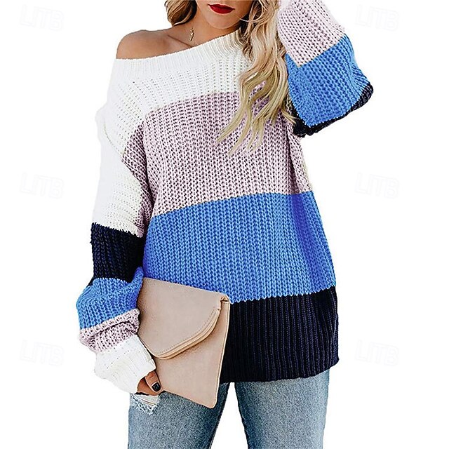 Women's Sweater Fashion Daily Color Block Crew Neck Knitted Long Sleeve Regular Tops Knit Work Blue Fall Winter4