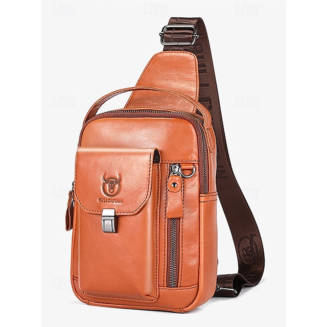  Bolso bandolera de piel marrón para hombre con múltiples compartimentos y correa ajustable, ideal para viajes y uso diario