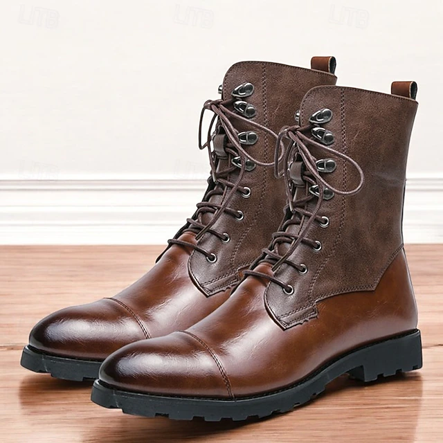 Men's Brown Faux Leather Military Boots with Lace-Up Design - Durable Ankle Boots for Outdoor Activities and Casual Wear 21