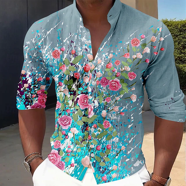Men's Floral Button Up Shirt Long Sleeve Casual Vacation Daily Summer Spring & Fall Grandad Collar Band Collar 3D Print White Pink Blue Sage 7