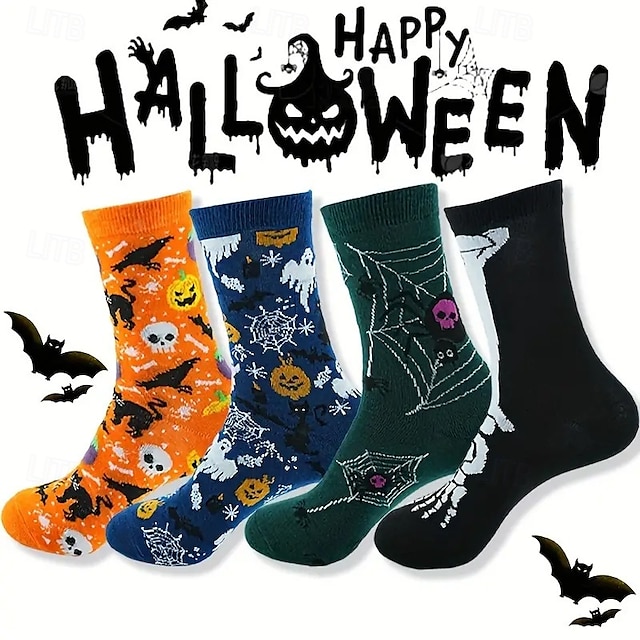  Herr 4 Par Multipack Socka Crew strumpor Vardagliga strumpor Halloween strumpor Regnbåge Färg Pumpa Halloween Fladdermus Sport & Utomhus Dagligen Semester Grundläggande Medium Höst vinter Mode Ledigt