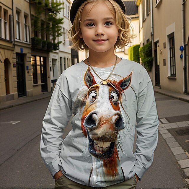  Dla dziewczynek 3D Graficzny Zwierzę Konik Podkoszulek T-shirt Długi rękaw Wiosna Jesień Moda Podstawowy Dzieci 4-12 lat Półgolf Na zewnątrz Codzienny Regularny