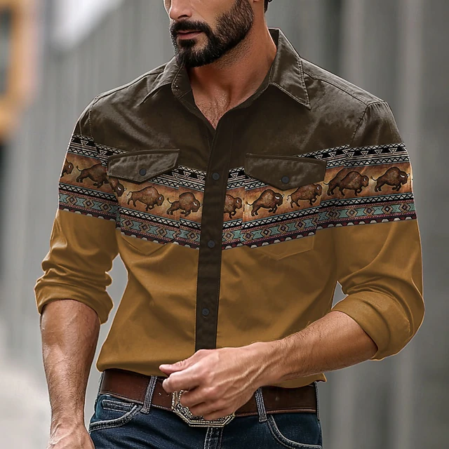 Men's Cow Western Shirt Button Up Shirt Cowboy Shirt Long Sleeve Vintage Western Dailywear Spring Fall Winter Turndown Collared Shirts 3D Print Brown4
