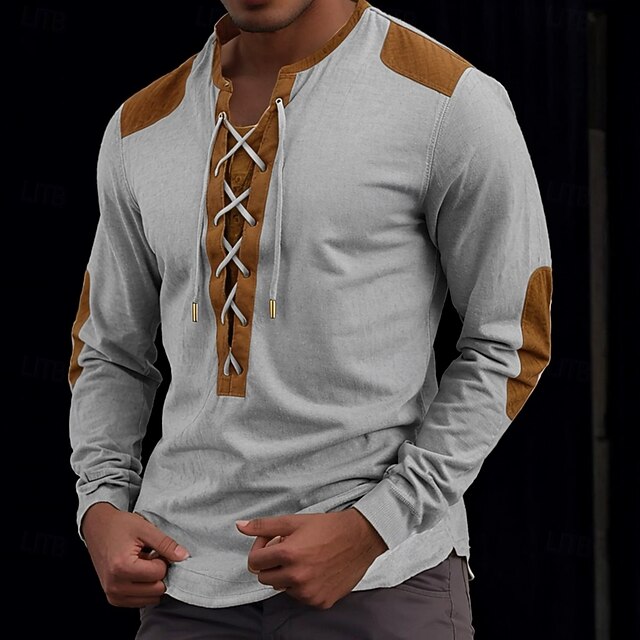 Men's Henley Shirt Tee Top Long Sleeve Shirt Patchwork Henley Outdoor