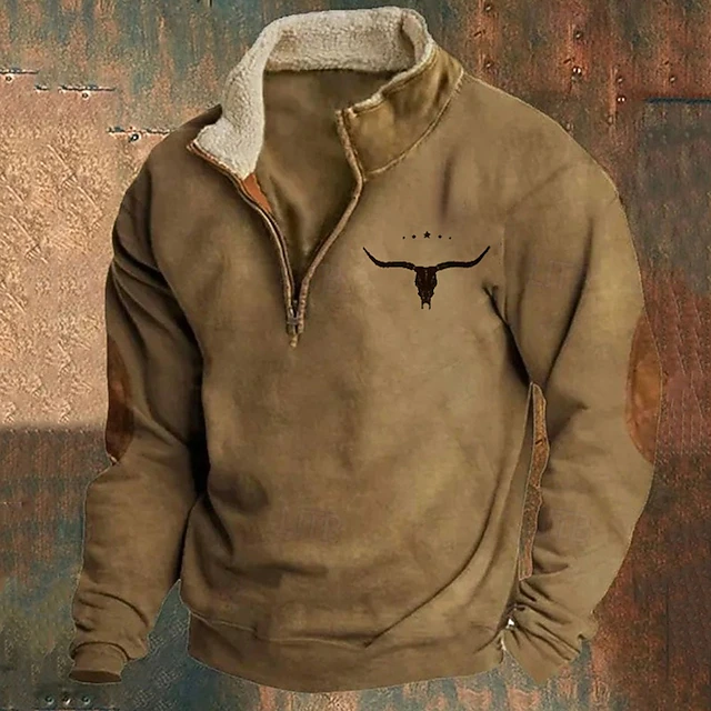 Men's Sweatshirt Quarter Zip Sweatshirt Black Navy Blue Brown Gray Half Zip Color Block Cow Patchwork Sports & Outdoor Daily Holiday Polyester Vintage Basic Casual Fall & Winter Clothing Apparel 5