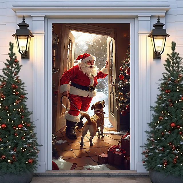 Christmas Door Decorations Door Covers Xmas Santa Cycling Door Tapestry Door Curtain Decoration Backdrop Indoor/Outdoor Door Banner for Front Door Farmhouse Christmas Holiday Party Decor Supplies 18