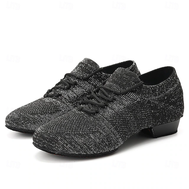 Women's Black Glitter Knit Jazz Dance Shoes with Lace-Up Design and Suede Sole - Lightweight Breathable Performance Shoes for Ballroom and Latin Dancing 12