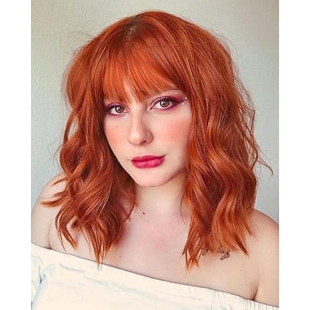  peruca curta ondulada com franja para mulheres na altura dos ombros bob encaracolado perucas sintéticas charmosas femininas com cabelo natural ondulado resistente ao calor para uso diário em festas