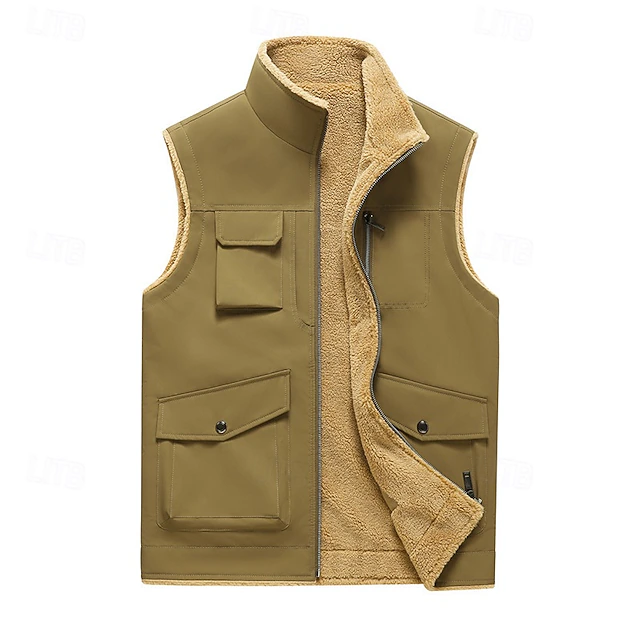 Men's Fleece Vest Vest Gilet Daily Date Vacation Fashion Casual Fall & Winter Pocket Polyester Thermal Warm Comfortable Plain Zipper Stand Collar Regular Fit Black Yellow Khaki Dark Gray Vest 11
