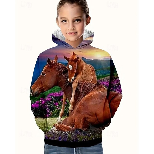 Boys Girls' 3D Graphic Animal Horse Hoodie Long Sleeve Fall Winter Fashion Adorable Basic Kids 4-12 Years Hooded Outdoor Casual Daily Regular Fit4