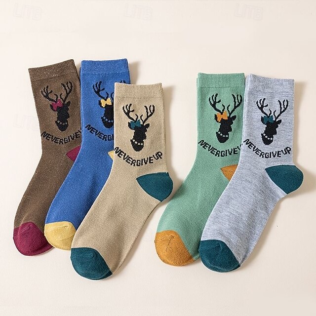 Men's 5 Pairs Multi Packs Socks Crew Socks Casual Socks Christmas Socks Rainbow Color Reindeer Christmas Daily Vacation Medium Spring Fall Fashion Casual 9