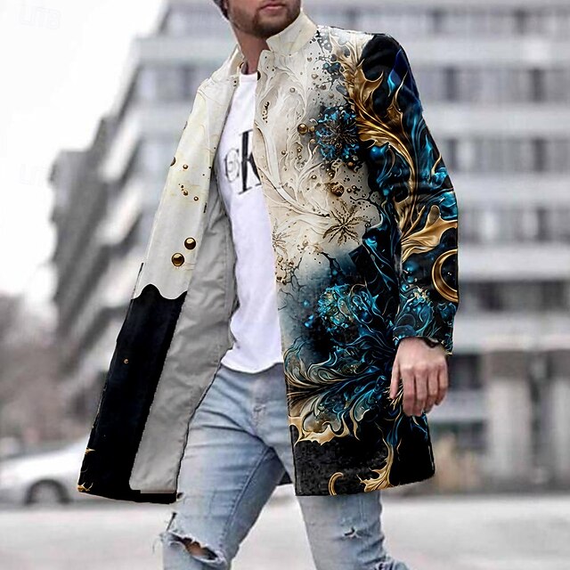 Men's Graphic Winter Coat Fleece Jacket Overcoat Thermal Comfortable Artistic Party Evening Wear Daily Wear 3D Print Buttons Front Pocket Winter Turndown Long Sleeve Blue4