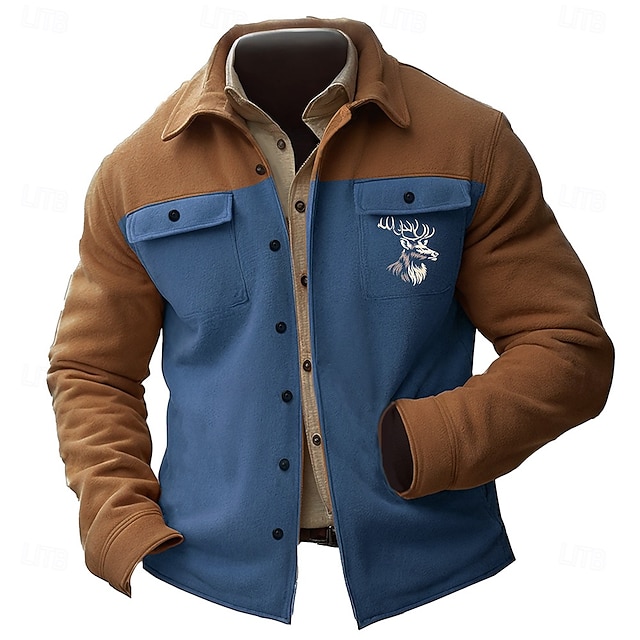  Homme Cerf Veste chemise Surchemise manche longue Rétro Vintage Décontractées Usage quotidien Sortie Automne hiver Col rabattu Boutons Impression 3D 2 poches 1 pc Bleu Marron Kaki
