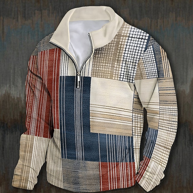  Herr Grafisk Lappverk Huvtröjor Kvartströja med dragkedja Långärmad Tröja Hög krage Dagligen Ledigt Vintage retro 3D-tryck Semester Utekväll Streetwear Mönster Vår & Höst