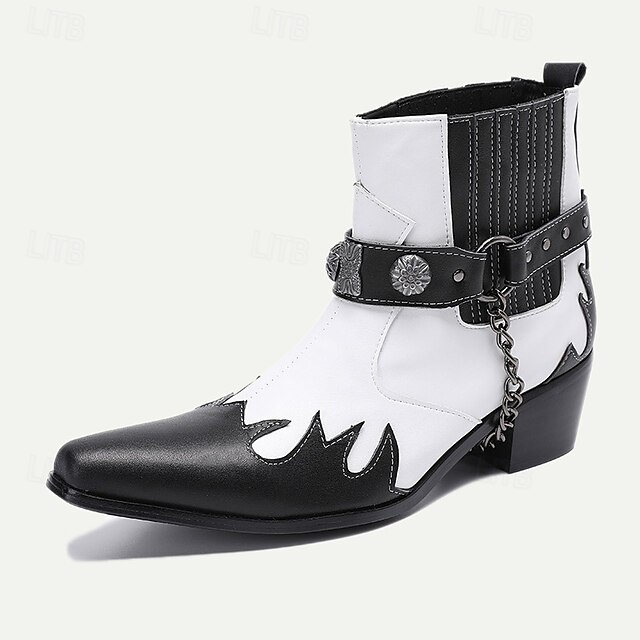  Men's Premium Cowhide Black and White Motorcycle Boots with Studded Strap, Chain Detail, and Western Style – Perfect for Riding and Casual Wear