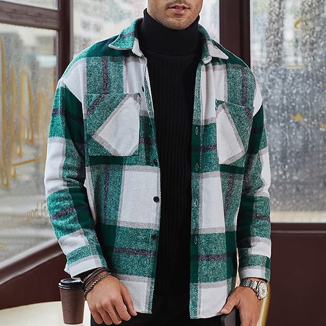  Voor heren Overhemd Flanellen hemd Raster Buiten Straat Rood Groen Khaki Lange mouw Strijkijzer Lente & Herfst Kleding